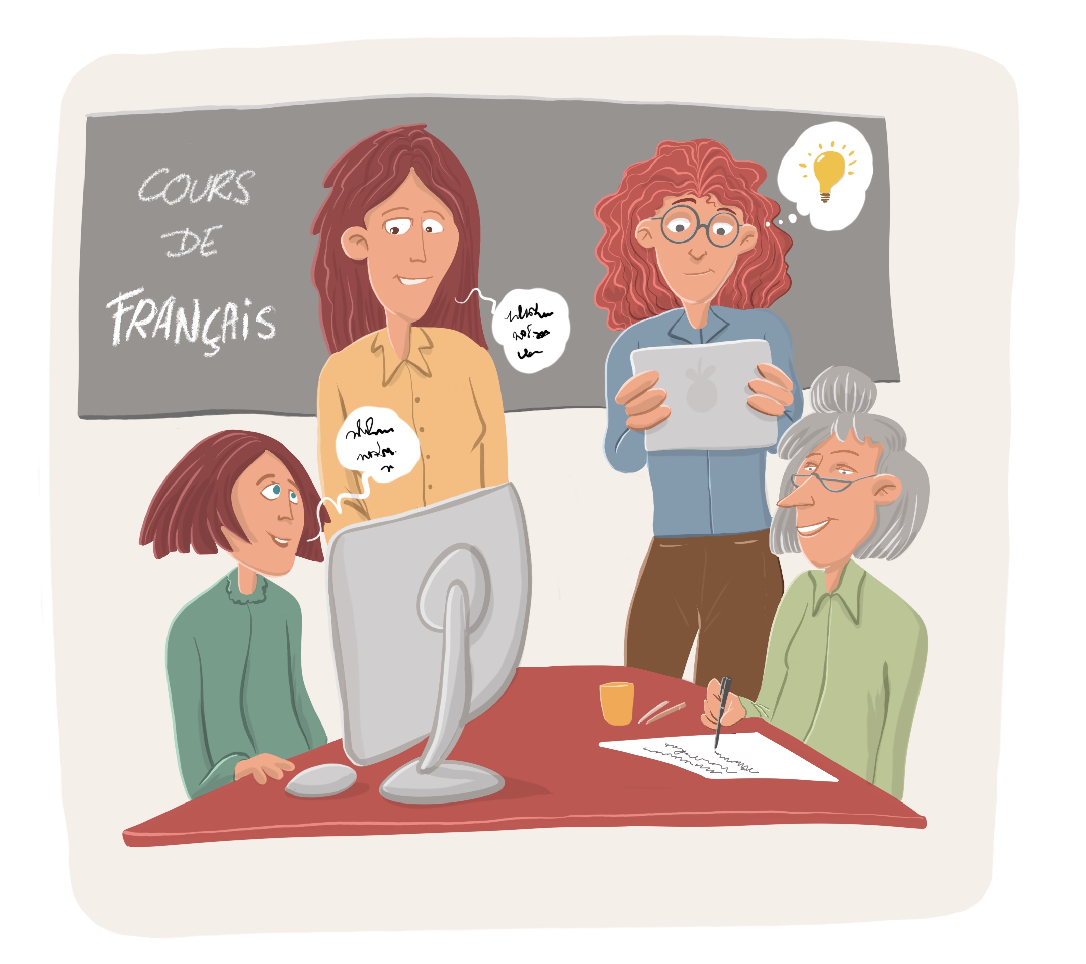 3 élèves apprenant le français avec un professeur dans une salle à Champigny