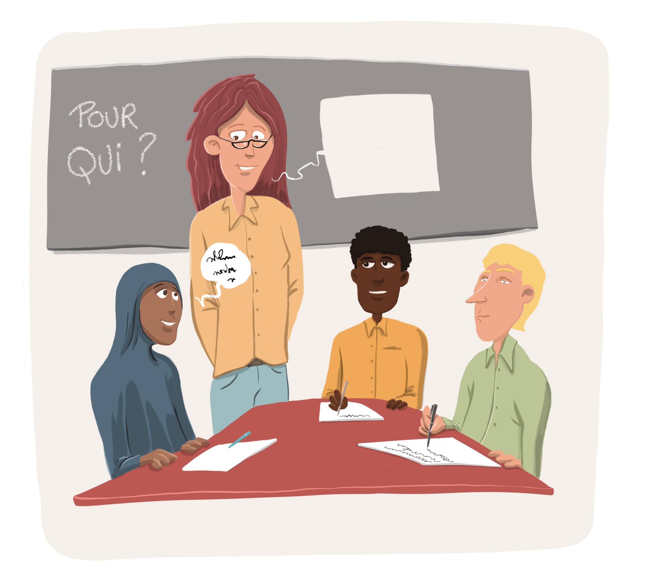 3 élèves apprenant le français avec un professeur dans une salle à Champigny