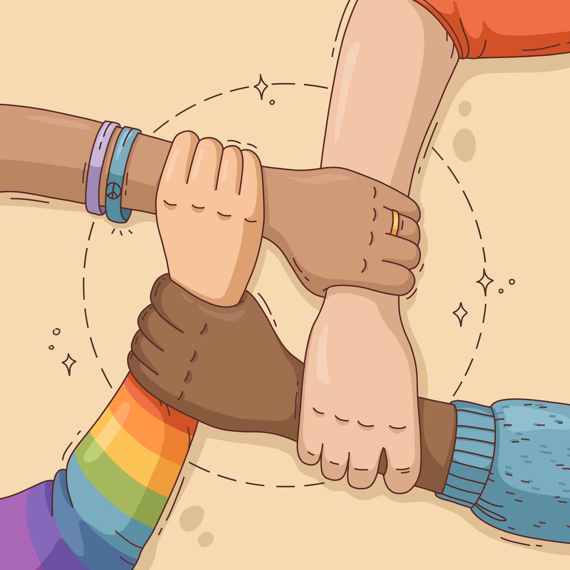 image de mains de personnes de race différente se tenant par leur poignet signifiant l'entraide